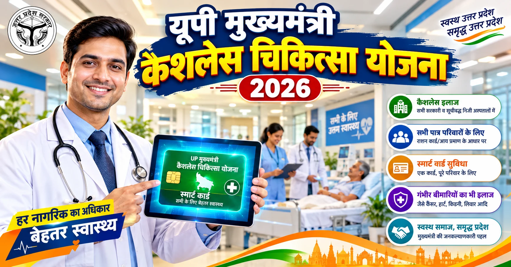 यूपी मुख्यमंत्री कैशलेस चिकित्सा योजना 2026 ऑनलाइन आवेदन और स्टेट हेल्थ कार्ड डाउनलोड प्रक्रिया