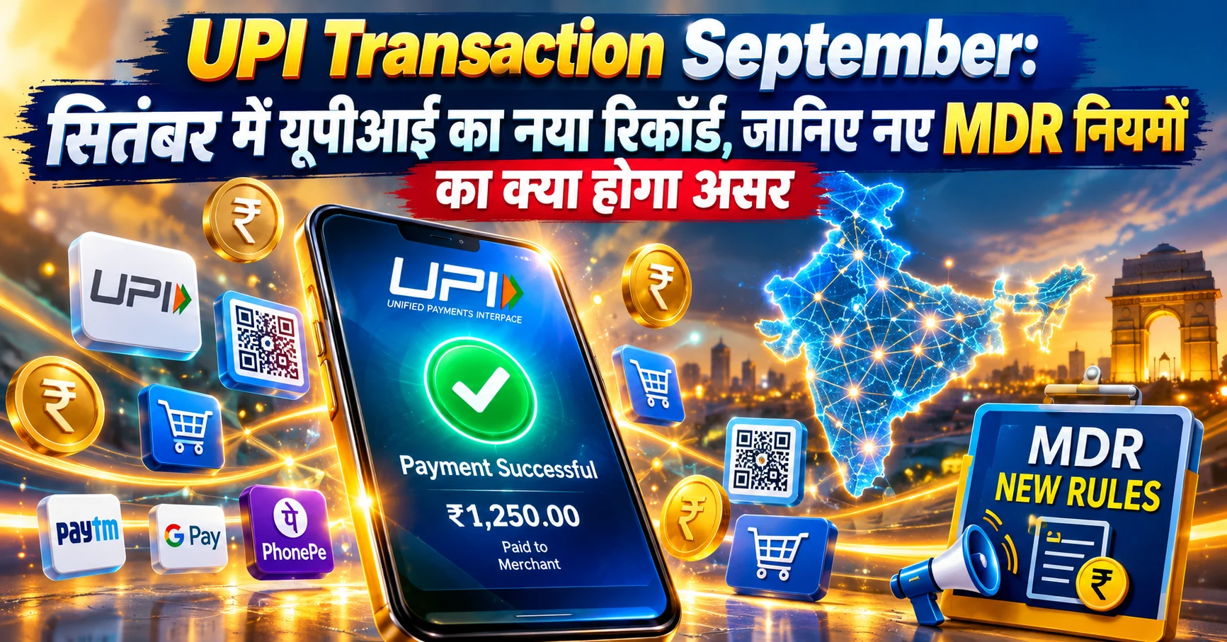India digital payment UPI transactions record growth and MDR rules concept illustration