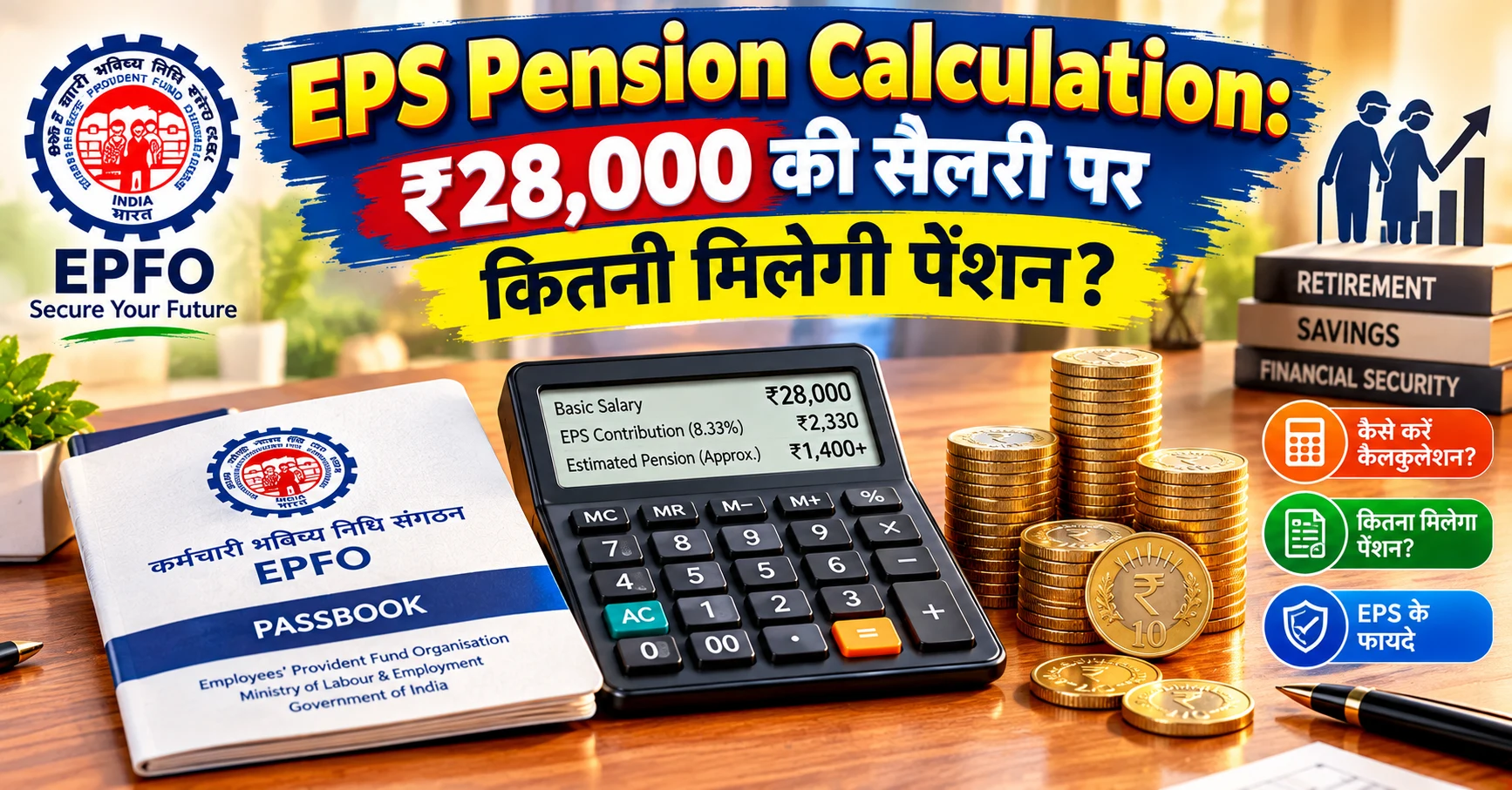 Detailed guide on EPS Pension Calculation with calculations on a salary of 28000 INR.