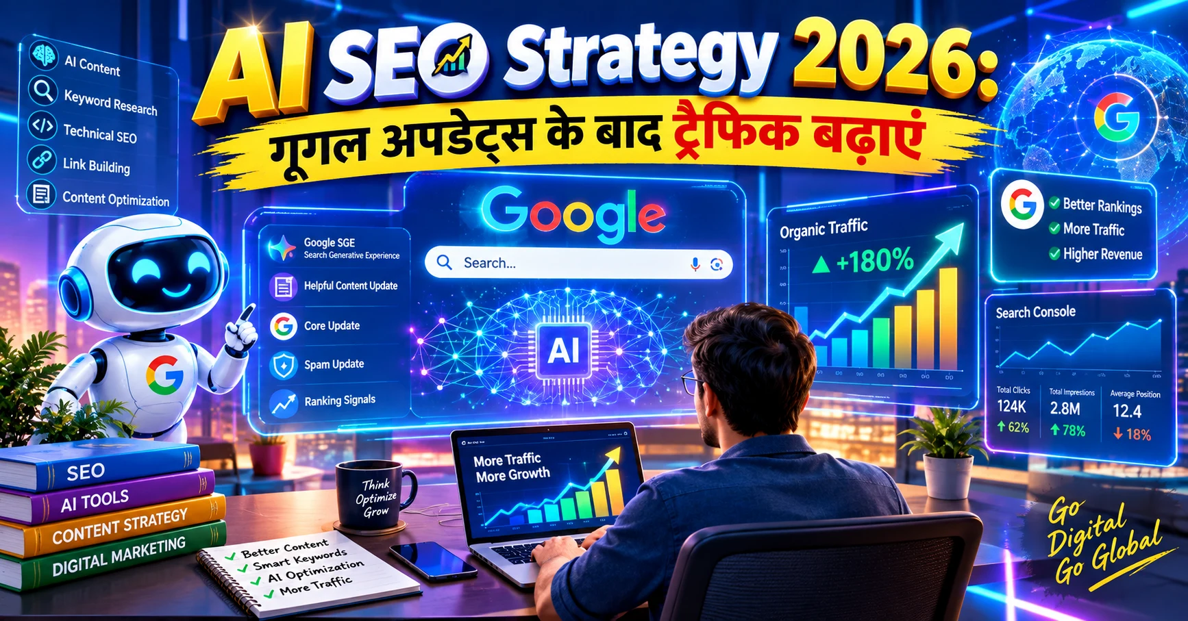 AI SEO Strategy 2026 representation showing digital marketing growth and search engine analytics