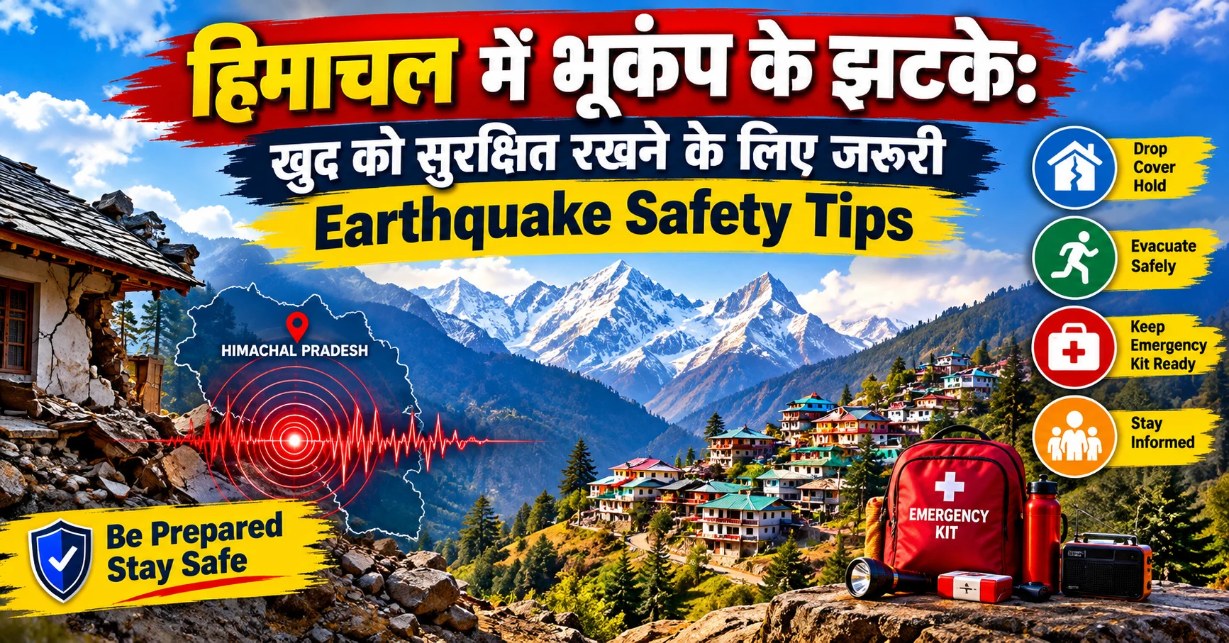 हिमाचल में भूकंप सुरक्षा के लिए जरूरी Earthquake Safety Tips का ग्राफिक बैनर