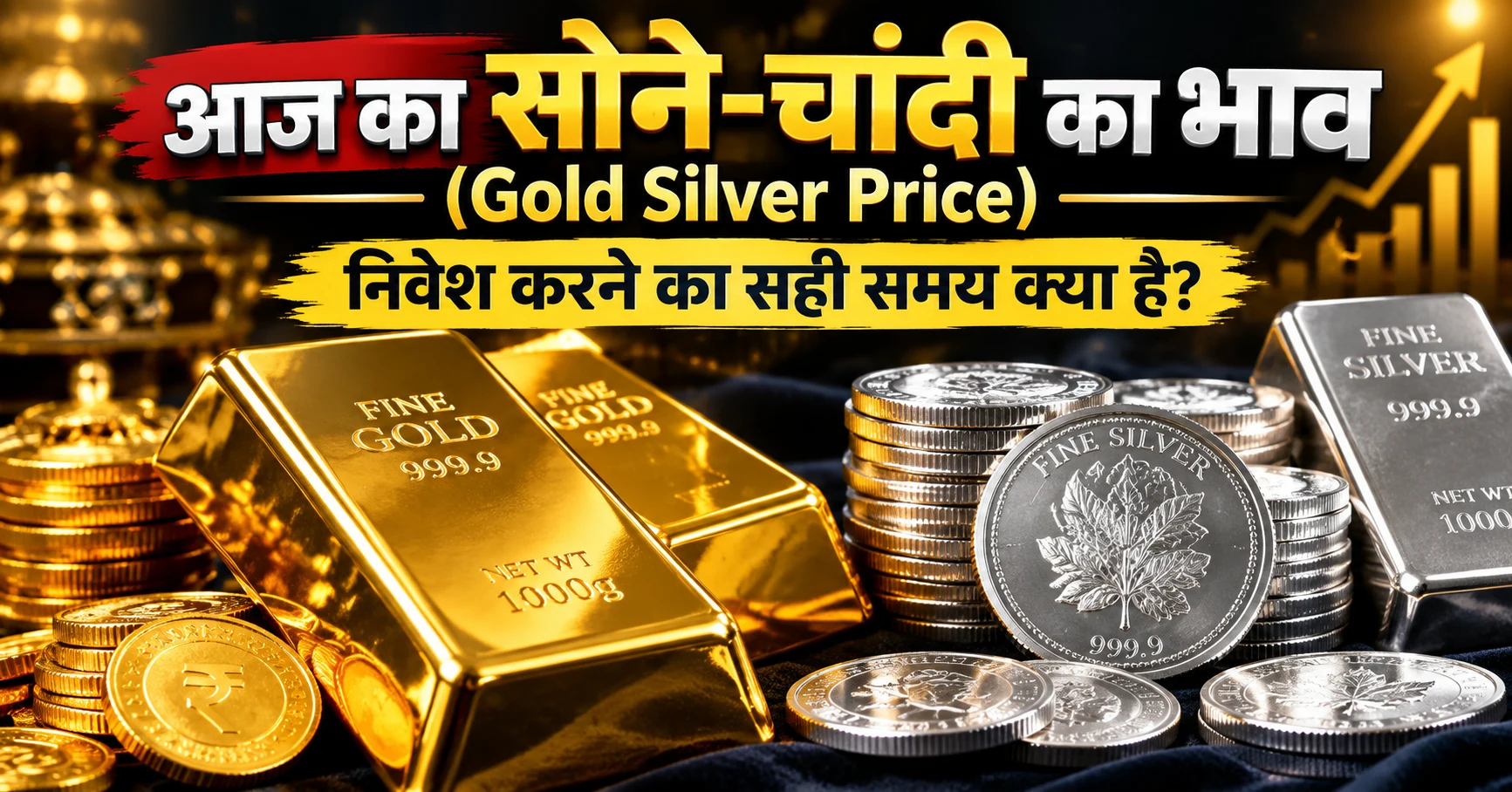 एक शानदार चार्ट के साथ Gold Silver Price का विश्लेषण दर्शाता हुआ वित्तीय बैनर।