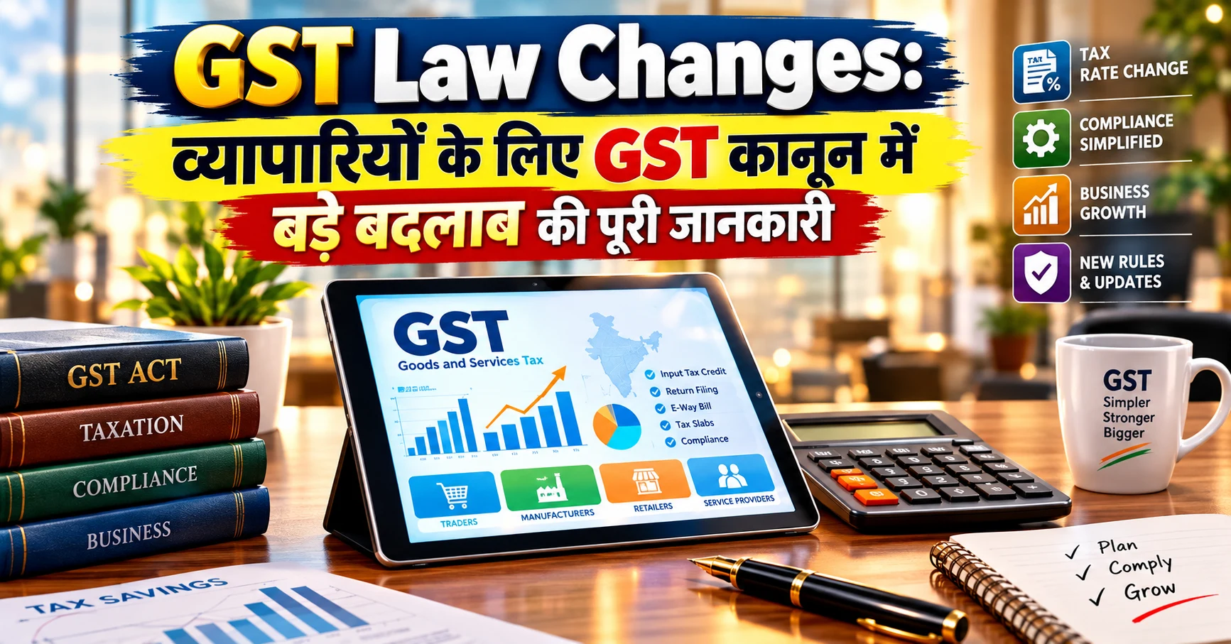 GST Law Changes और भारतीय व्यापारियों के लिए कर अनुपालन संबंधी नवीनतम अपडेट्स का ग्राफिक दृश्य