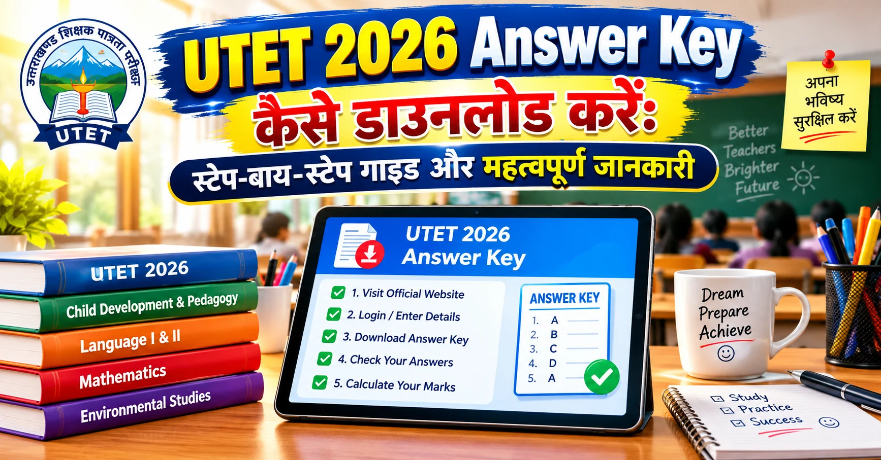 Laptop showing the official website to download the UTET Answer Key for Uttarakhand teaching aspirants.