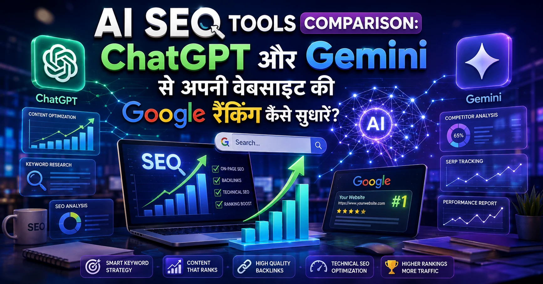 AI SEO Tools Comparison guide showing ChatGPT and Google Gemini logos for better website ranking.